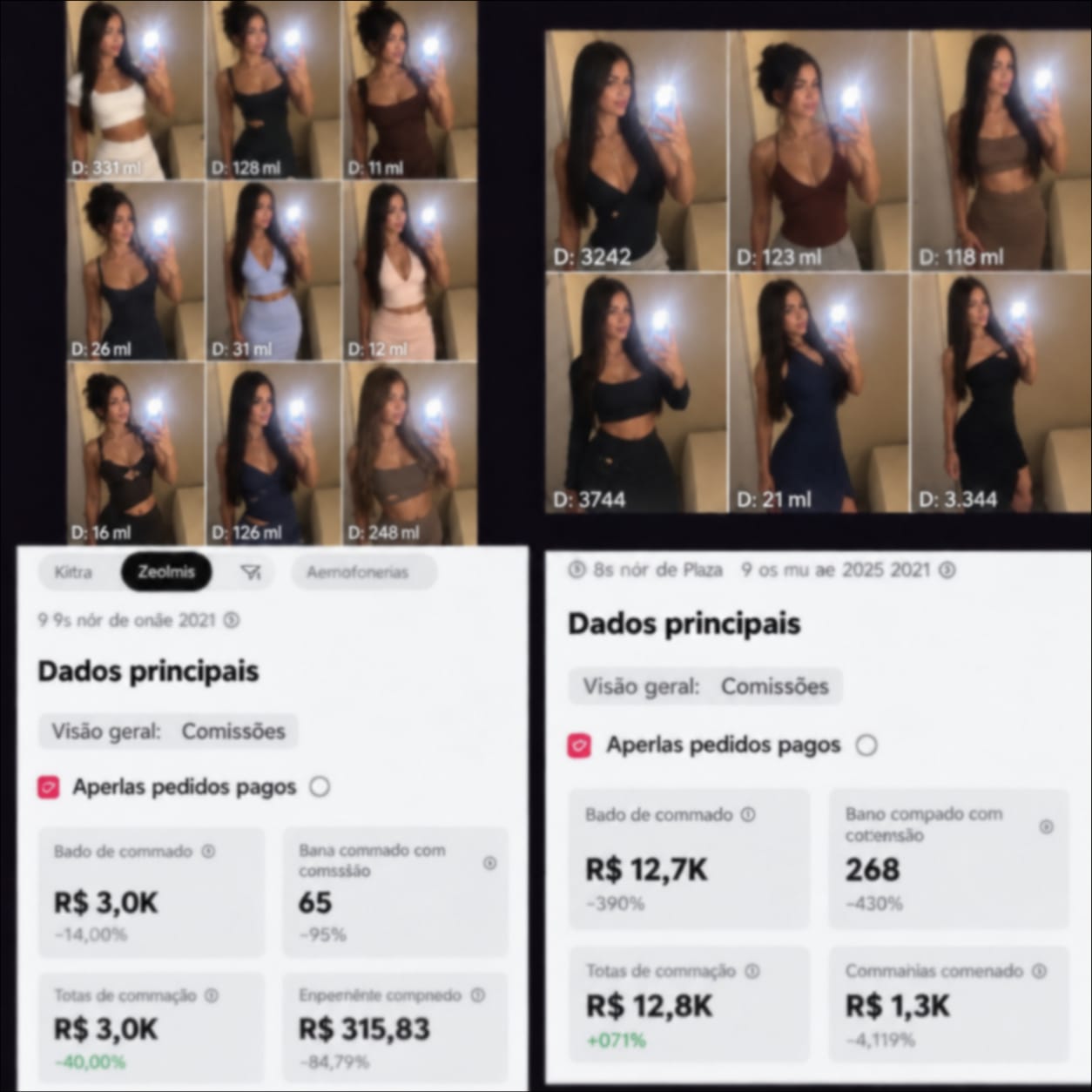 Prints de vídeos com visualizações e painel de comissões do TikTok Shop